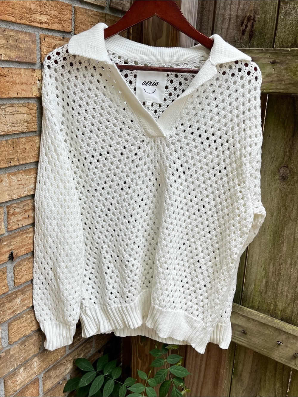 Aerie Oversized White Open-Knit V-Neck Collared Sweater